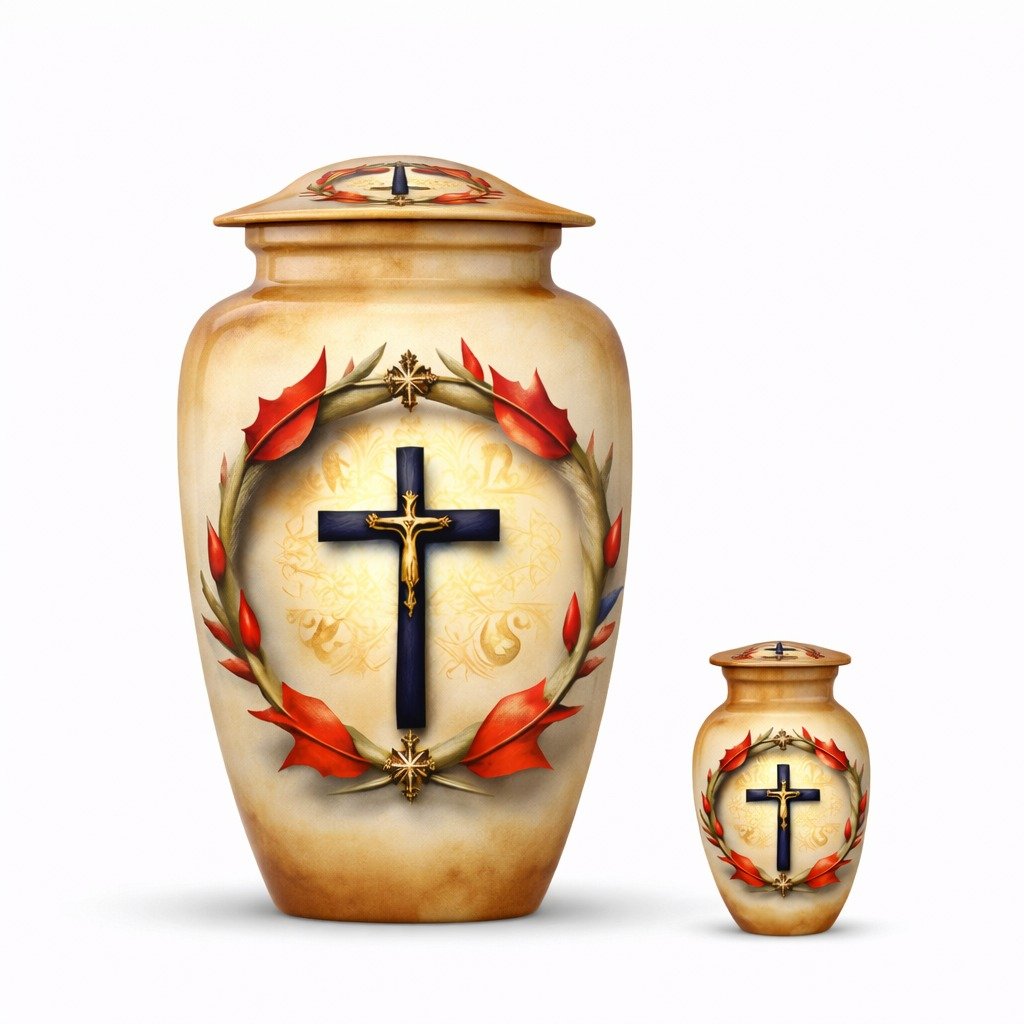 Aluminum Cremation Urn with Cross and Wreath Design