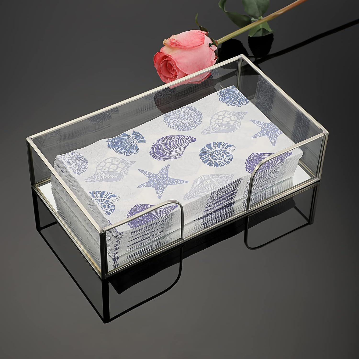 Glass and Metal Guest Napkin Holder with Mirror Base