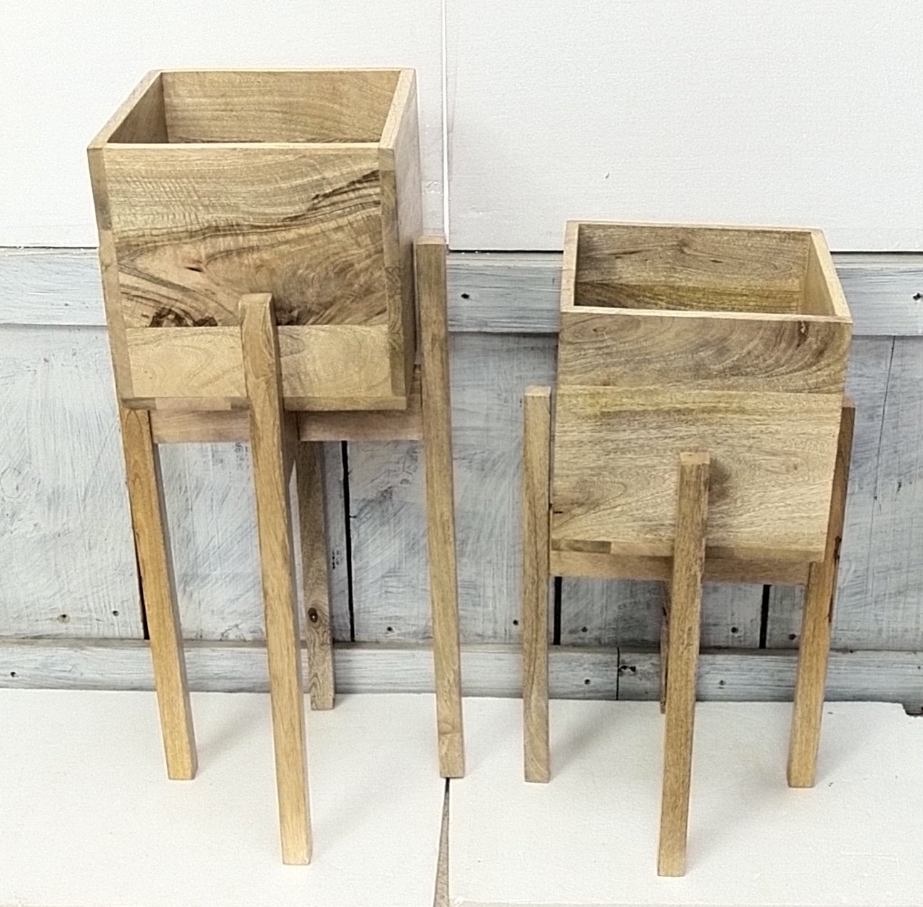 Wooden plant stands with square planters gallery image