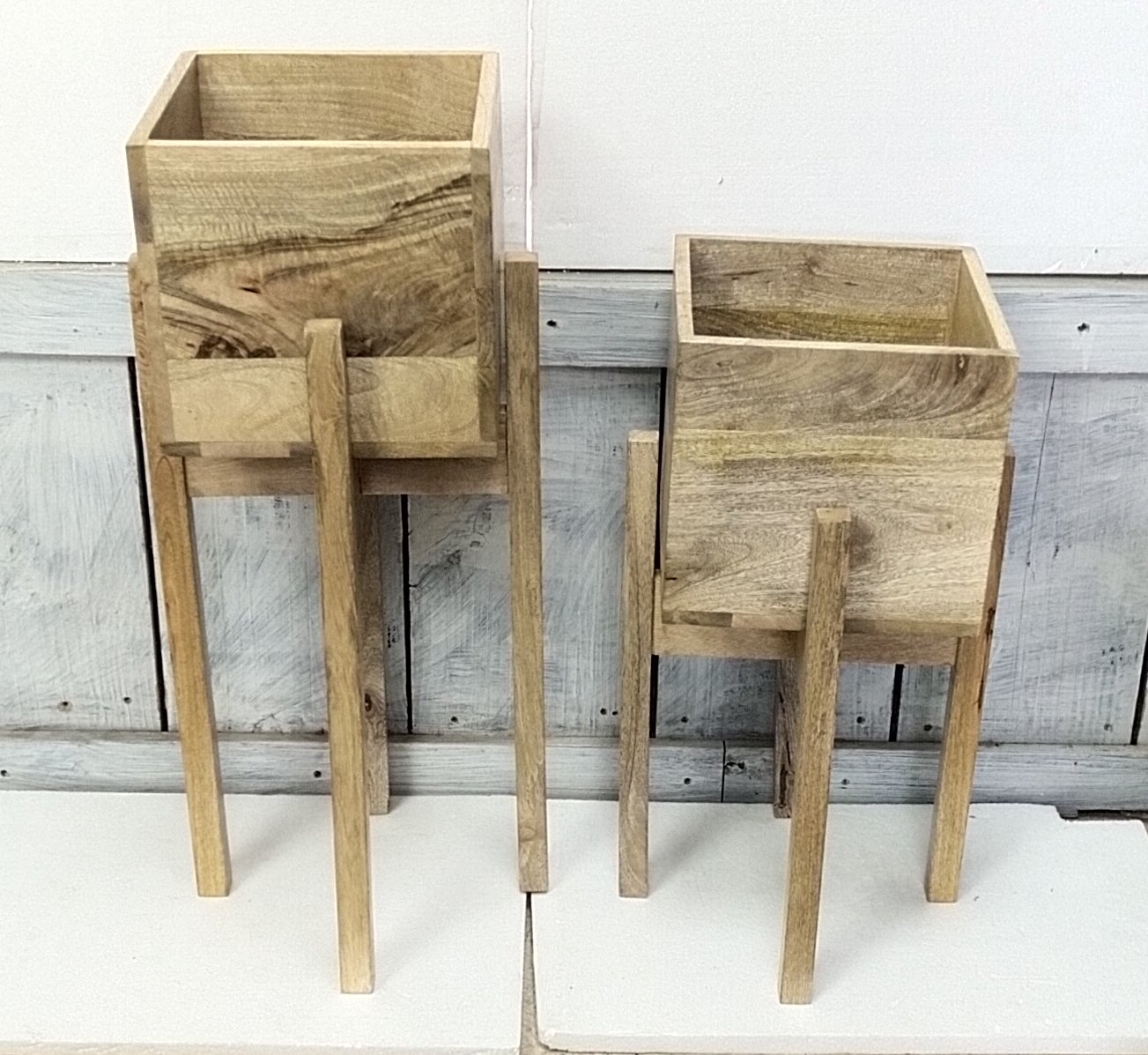 Wooden plant stands with square planters gallery image