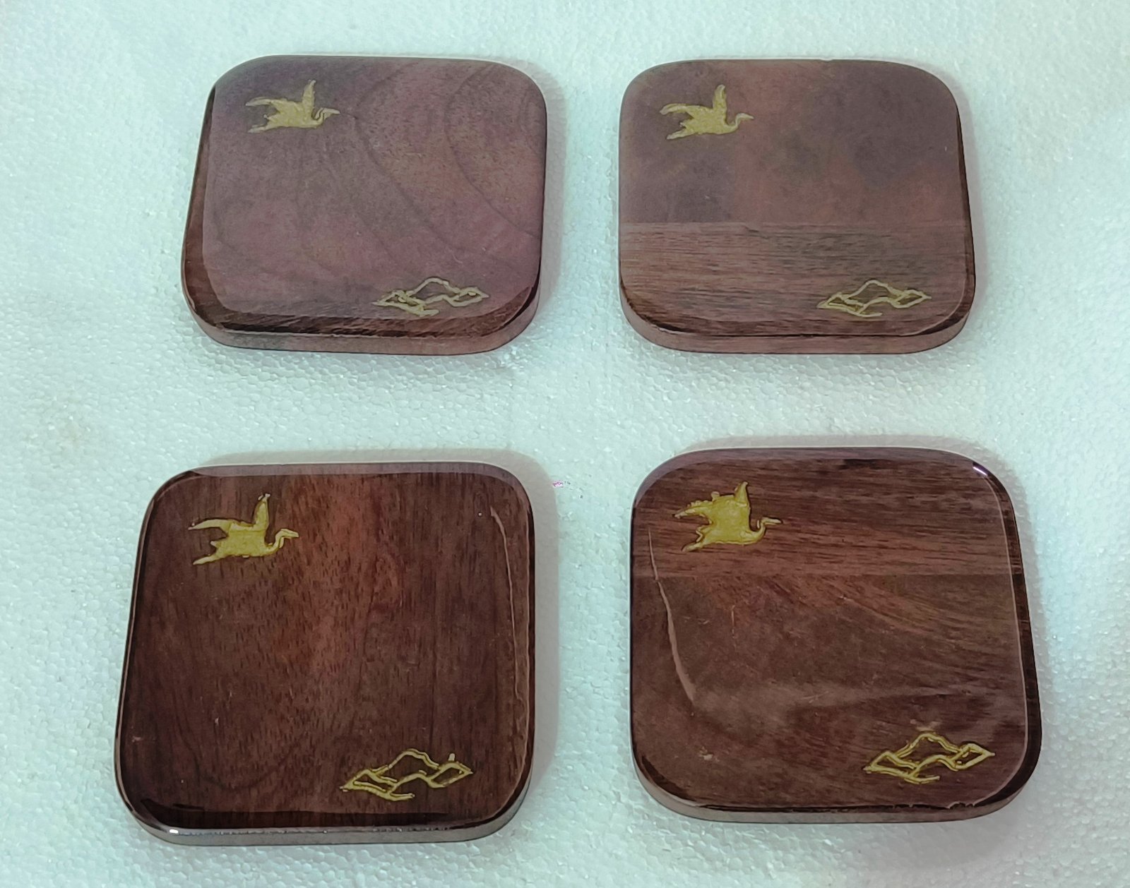 Wooden Coaster with Gold Crane and Cloud Inlay gallery image