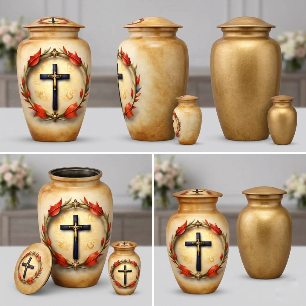 Aluminum Cremation Urn with Cross and Wreath Design gallery image