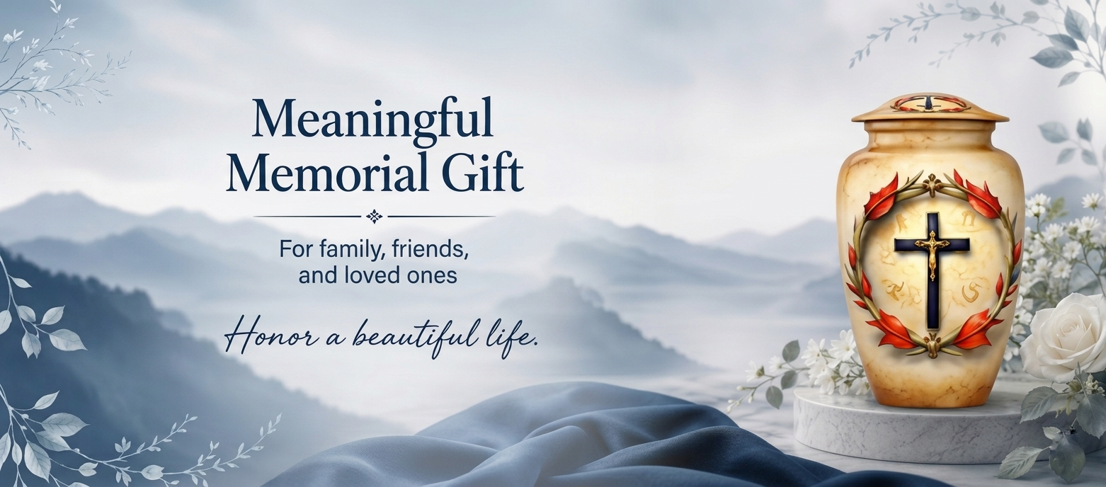 Aluminum Cremation Urn with Cross and Wreath Design gallery image