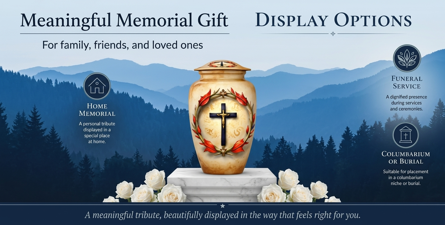 Aluminum Cremation Urn with Cross and Wreath Design gallery image